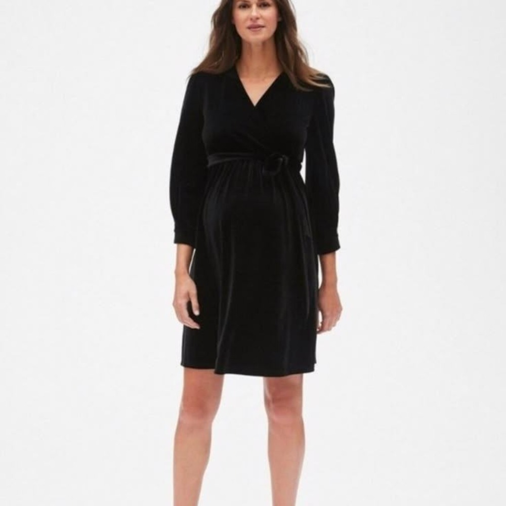Gap Maternity Velvet Wrap Dress Women Small Black V-Neck Long Sleeve Knee Length